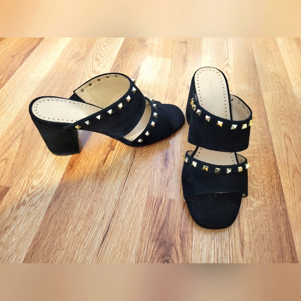 Adrienne Vittadini Anisette Black Suede Studded Heeled Sandals Size 8M NEW